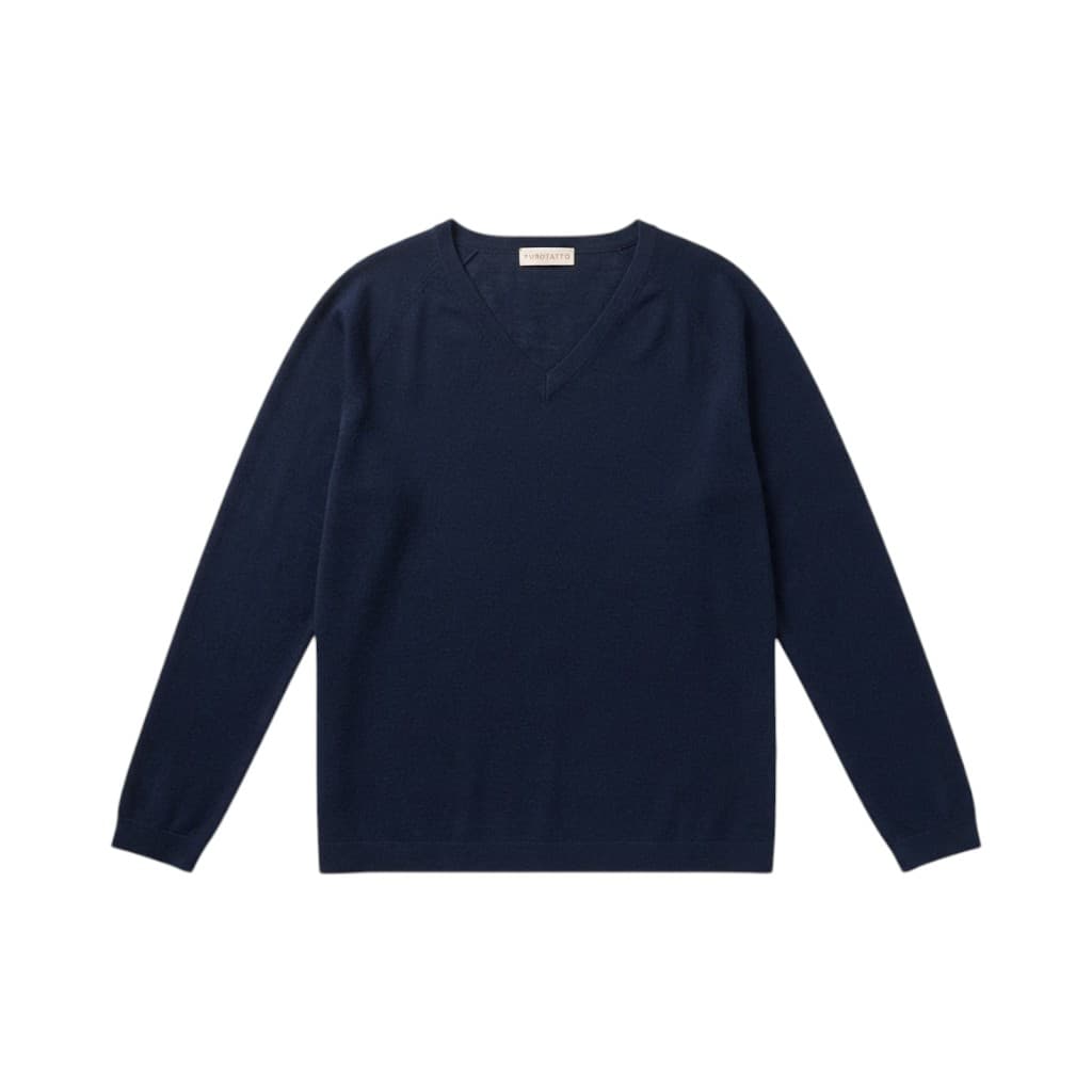 Purotatto Maglia Donna in Lana Blu con Scollo a V
