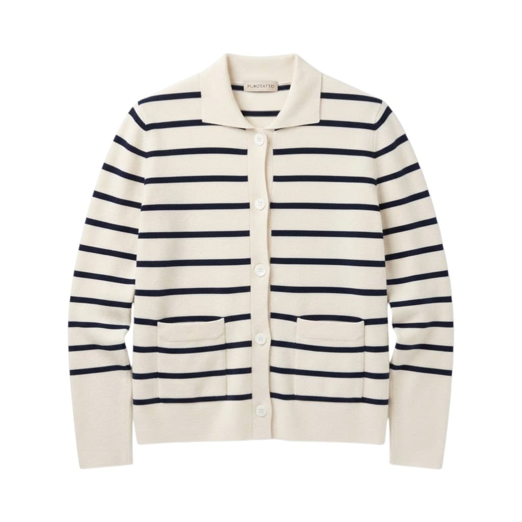 Purotatto Maglia Donna a Righe Ecru e Blu con Bottoni