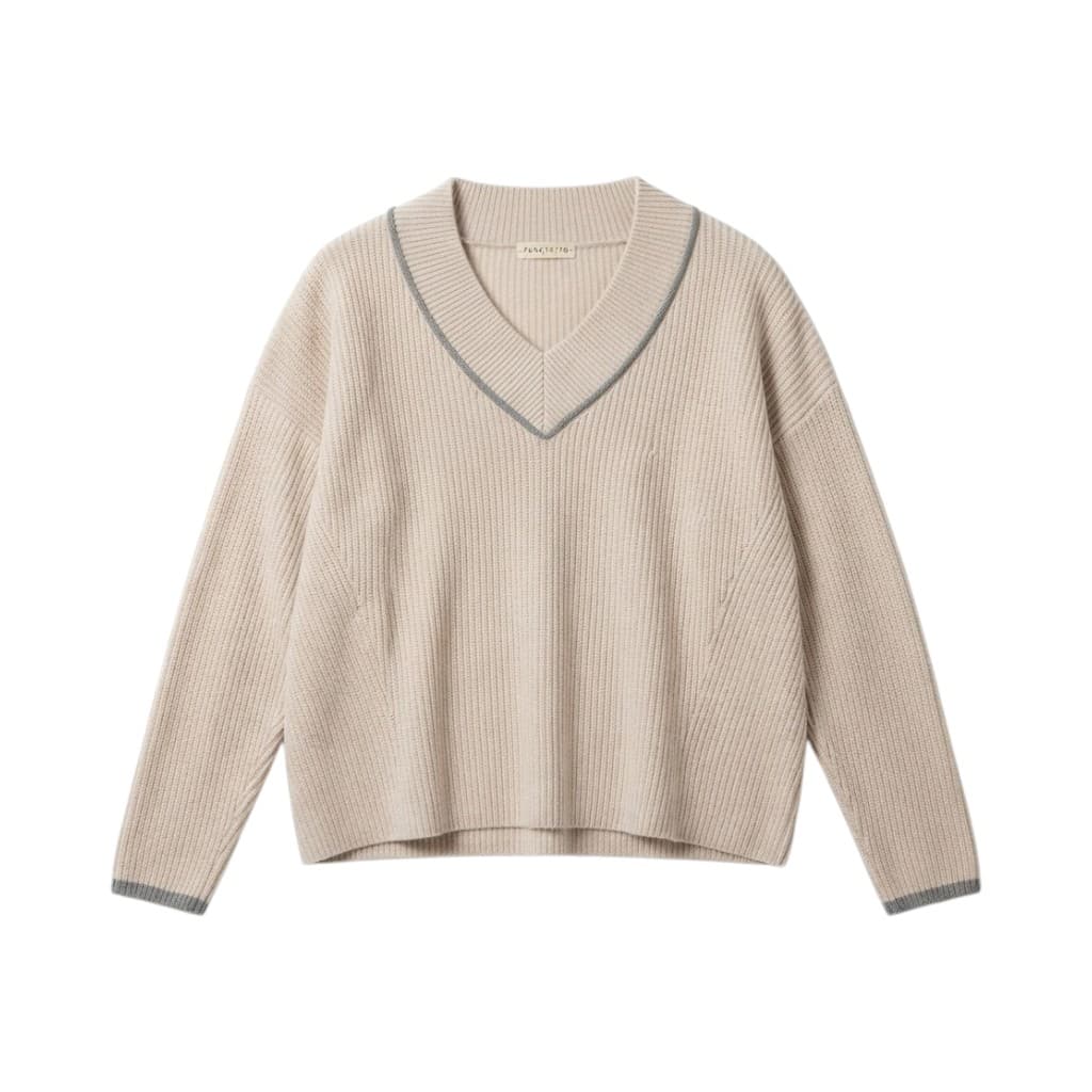 Purotatto Maglia Donna in Lana Beige Scuro con Scollo a V