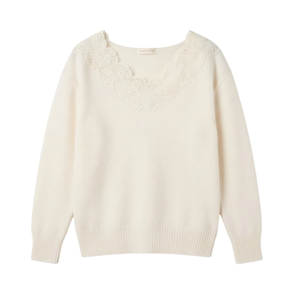 Purotatto Maglia Donna in Lana con Colletto in Pizzo Panna