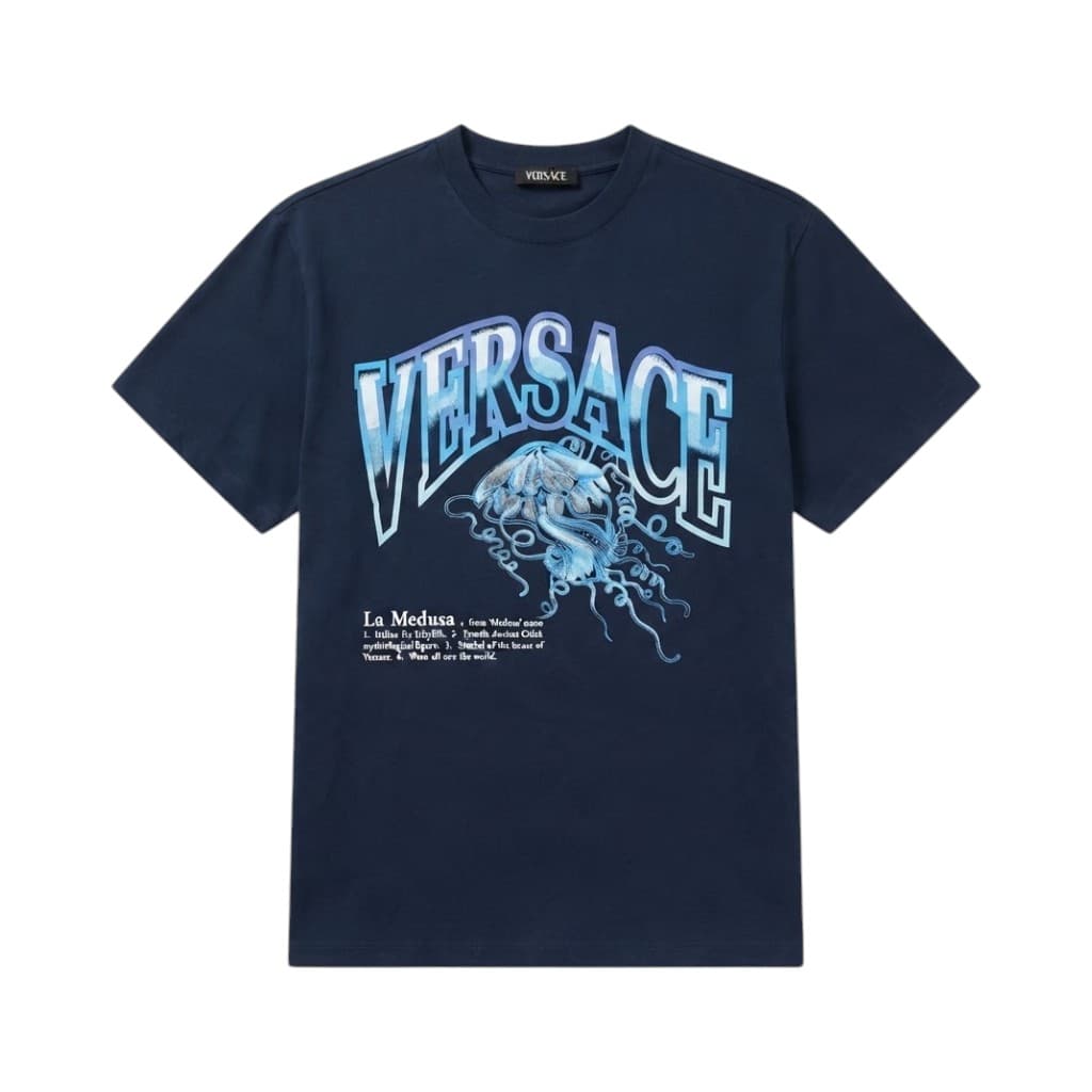 Versace T-shirt in Blu Fantasia con Stampa Medusa