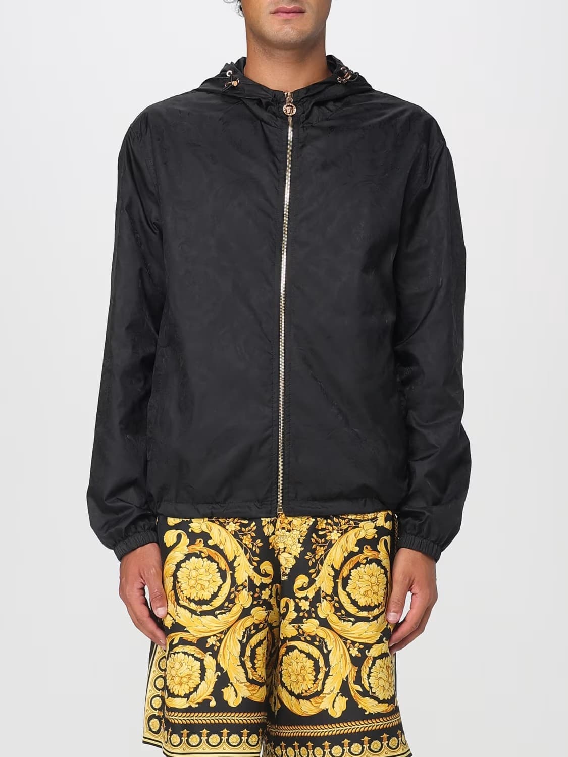 Versace Giacca Giubbino Nero con Cappuccio e Zip Dorata