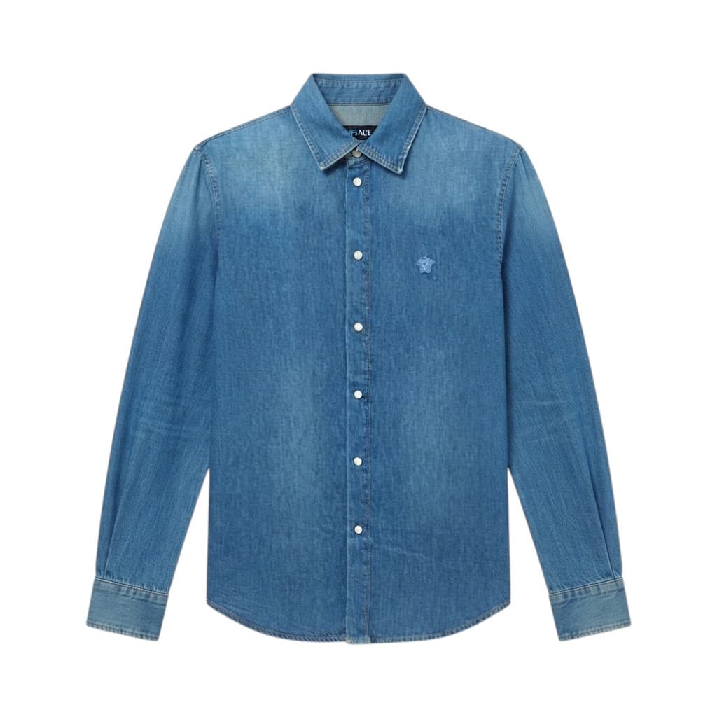 VERSACE Camicia in Jeans Blu con Logo Ricamato