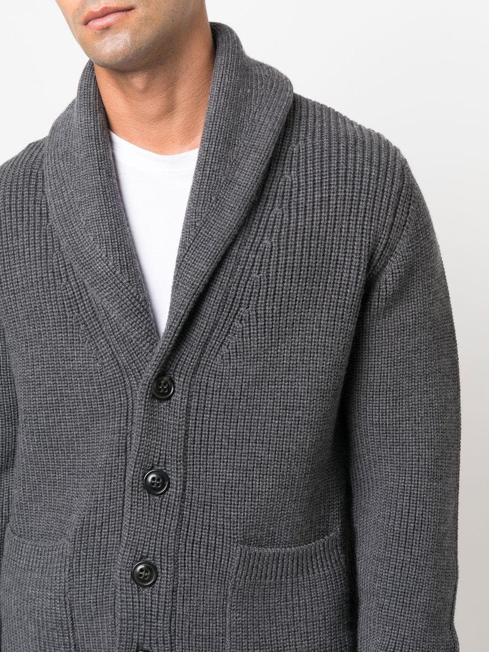 DRUMOHR Cardigan grigio in maglia di lana merino a costa Inglese con collo a scialle.