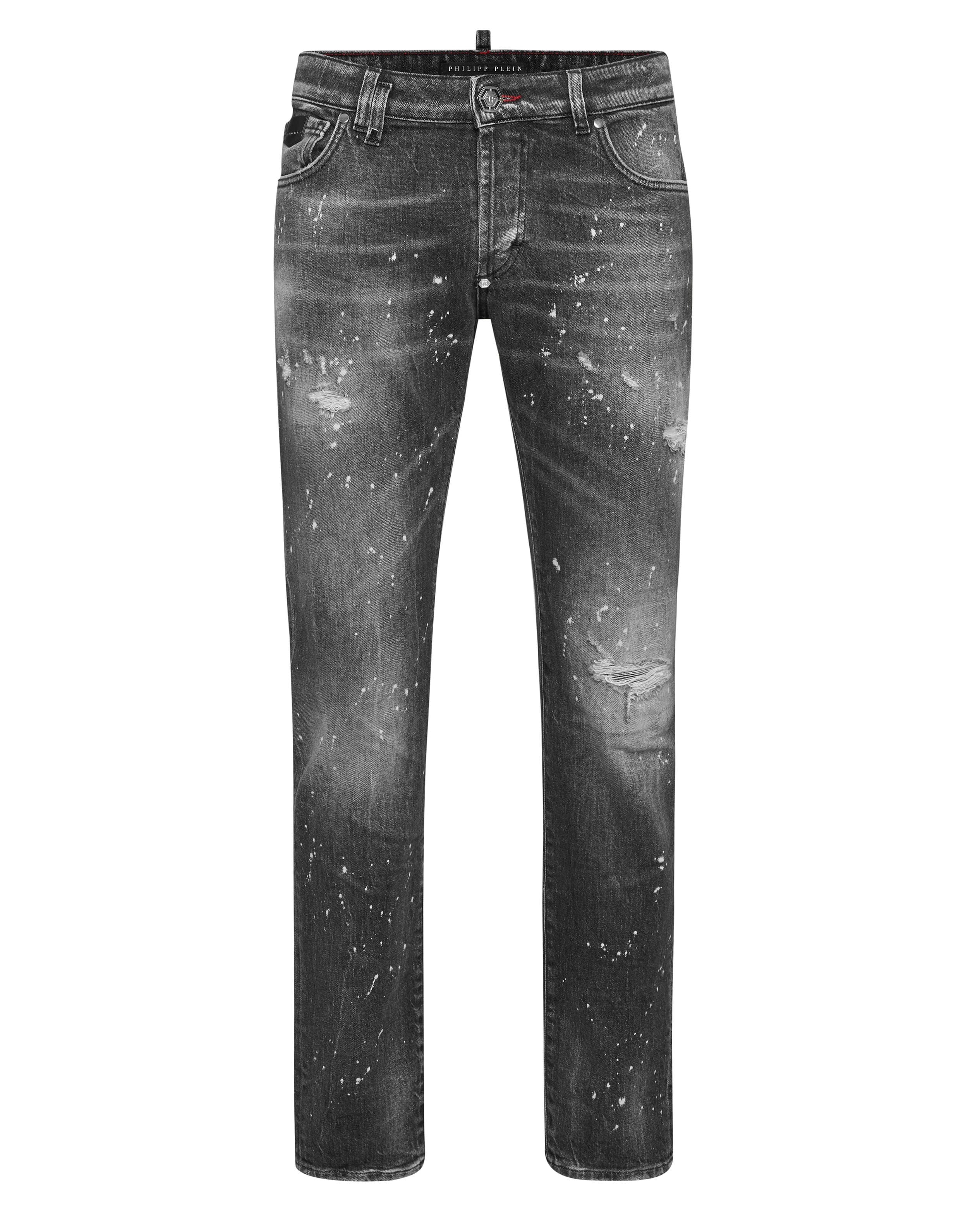 PHILIPP PLEIN Jeans Uomo Slim Fit in Denim Nero con Dettagli Grafici