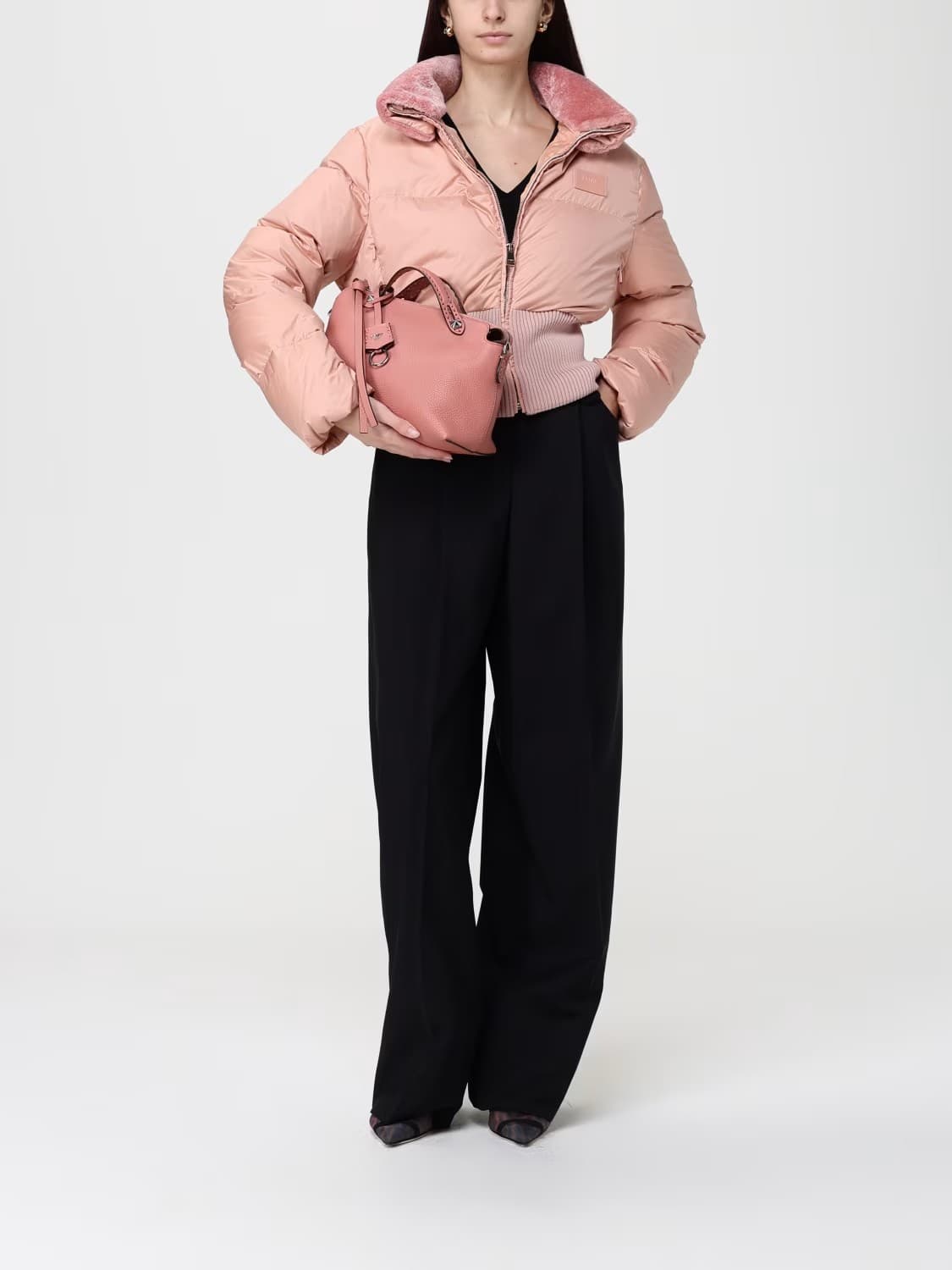 Fendi Giubbino Donna Cropped Cammello con Collo in Shearling