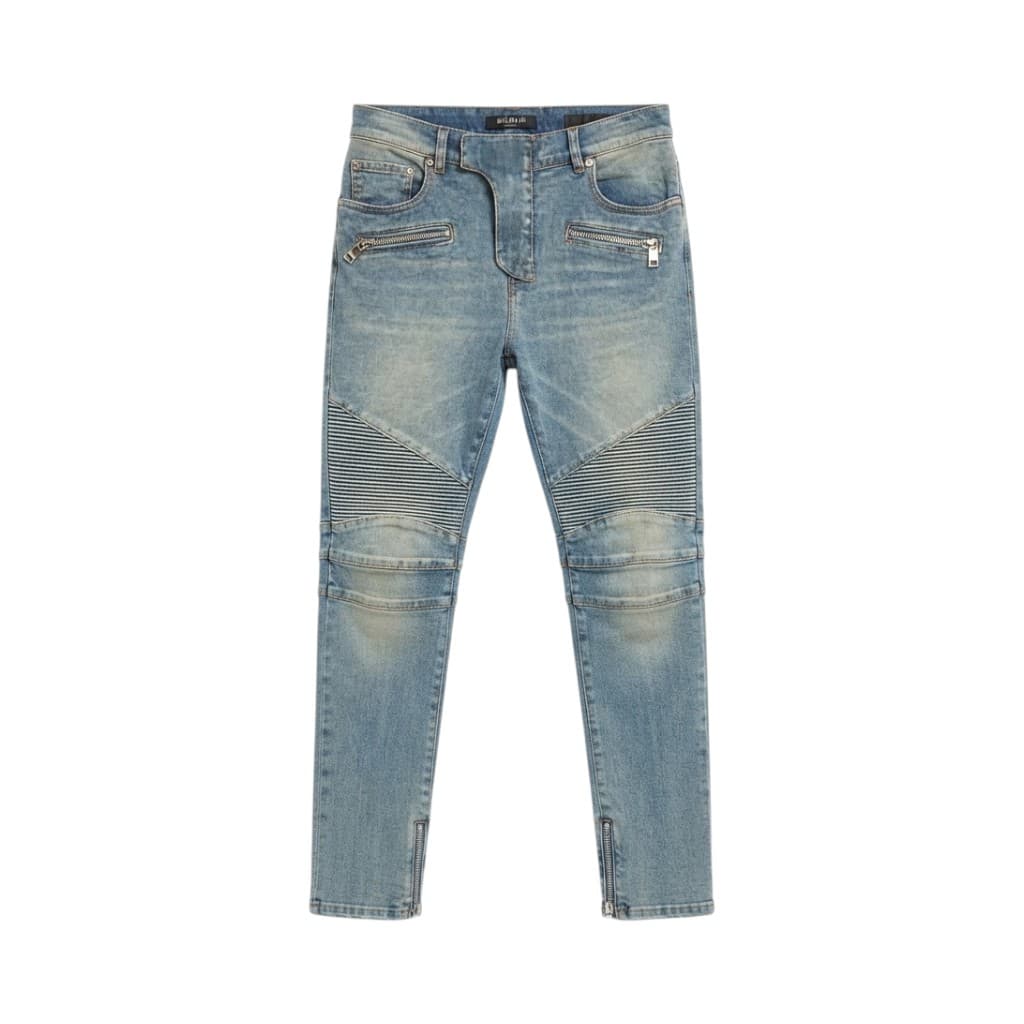 BALMAIN Jeans Donna Slim Fit in Denim Chiaro con Dettagli in Stile Biker
