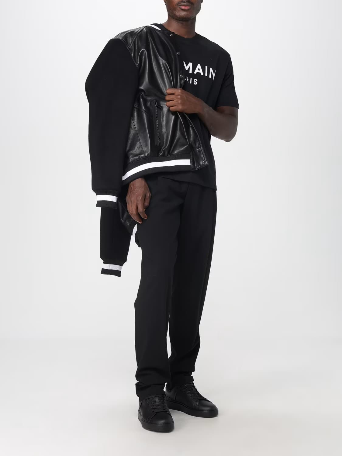 BALMAIN Giacca Bomber in Pelle Nera con Dettagli a Contrasto