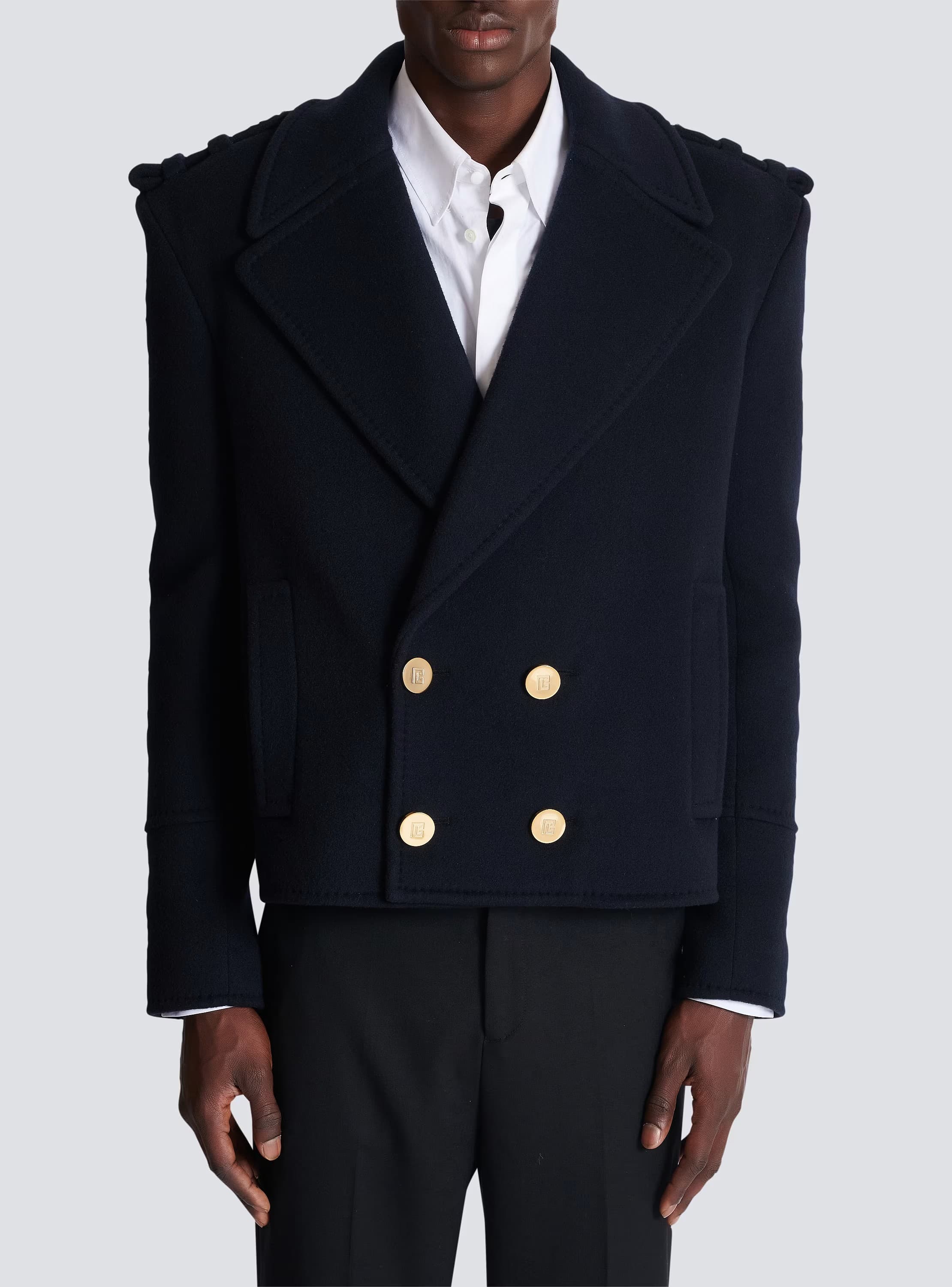 Balmain Caban Corto Doppiopetto in Lana e Cashmere Blu Uomo