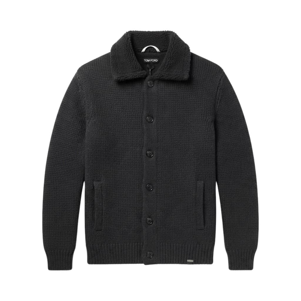 TOM FORD Giacca Cardigan Nero con Collo in Pelliccia e Dettagli in Pelle