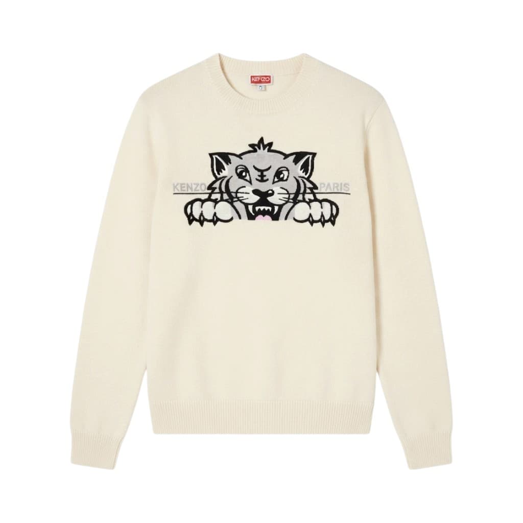 Kenzo Maglione Unisex in Lana Beige con Motivo Tigre