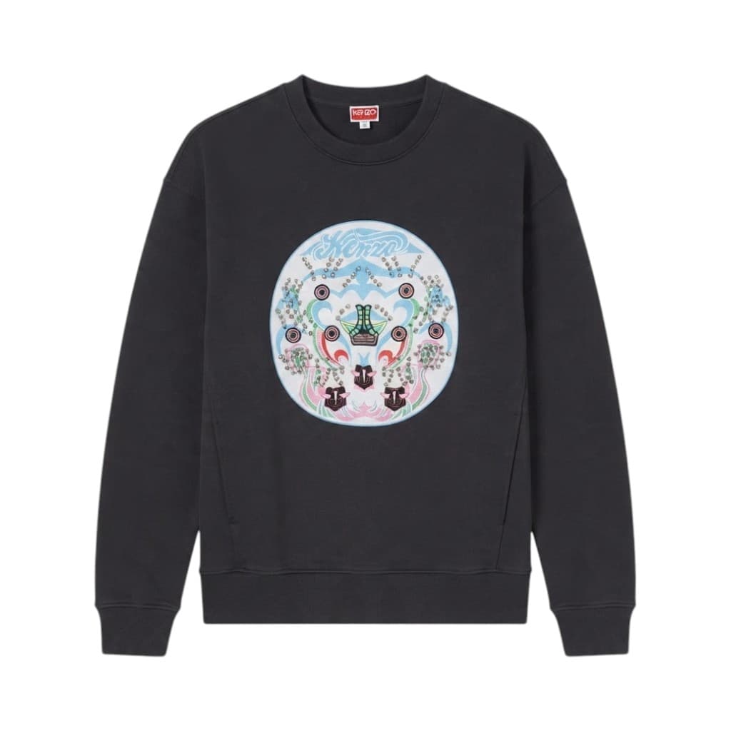 KENZO Felpa Nera con Stampa Colorata e Dettagli Strass