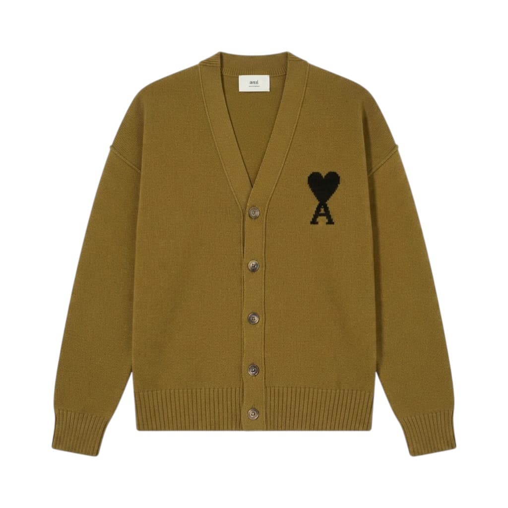 AMI Cardigan Maglieria Verde Militare con Cuore Ricamato