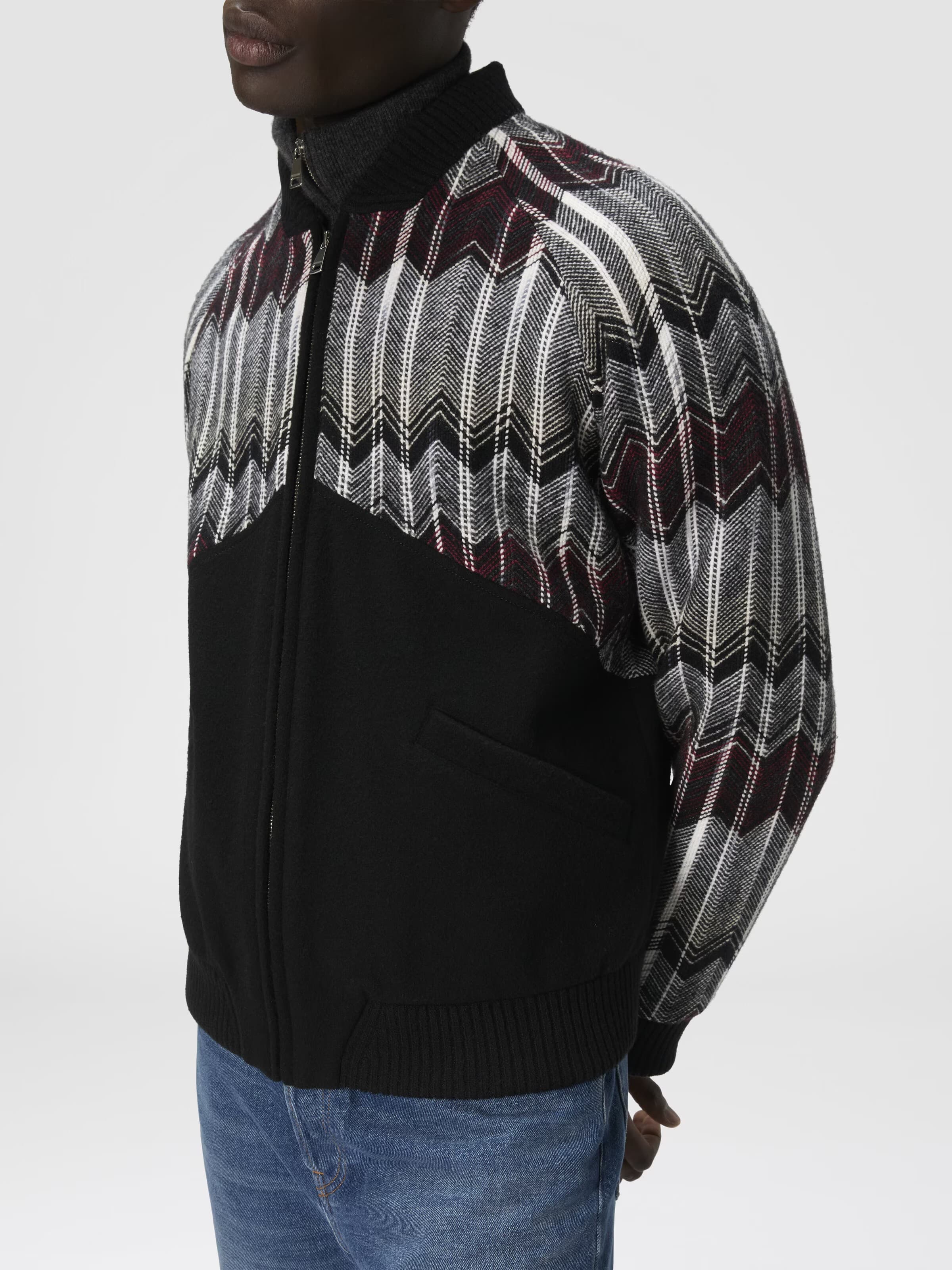 Missoni Bomber Uomo Beige e Bordeaux in Misto Lana con Motivo Zigzag