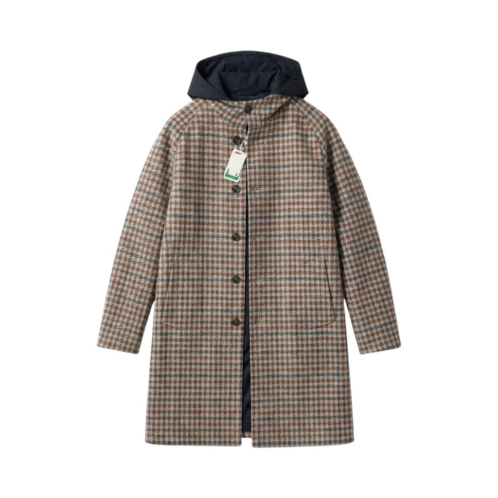 KIREDA Cappotto in Tessuto Scozzese con Cappuccio e Bottoni