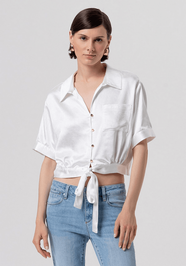 cropped shirt in satin woman cream