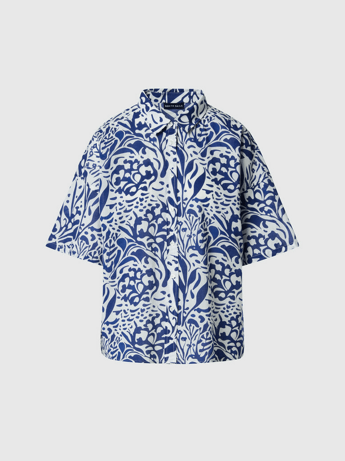 blue woman coral print shirt