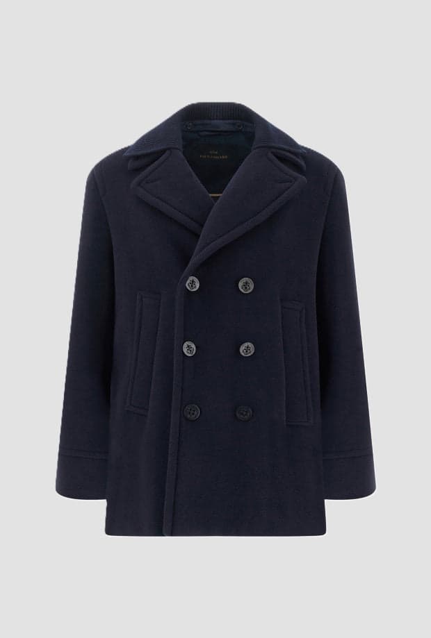 double-breasted coat man blue
