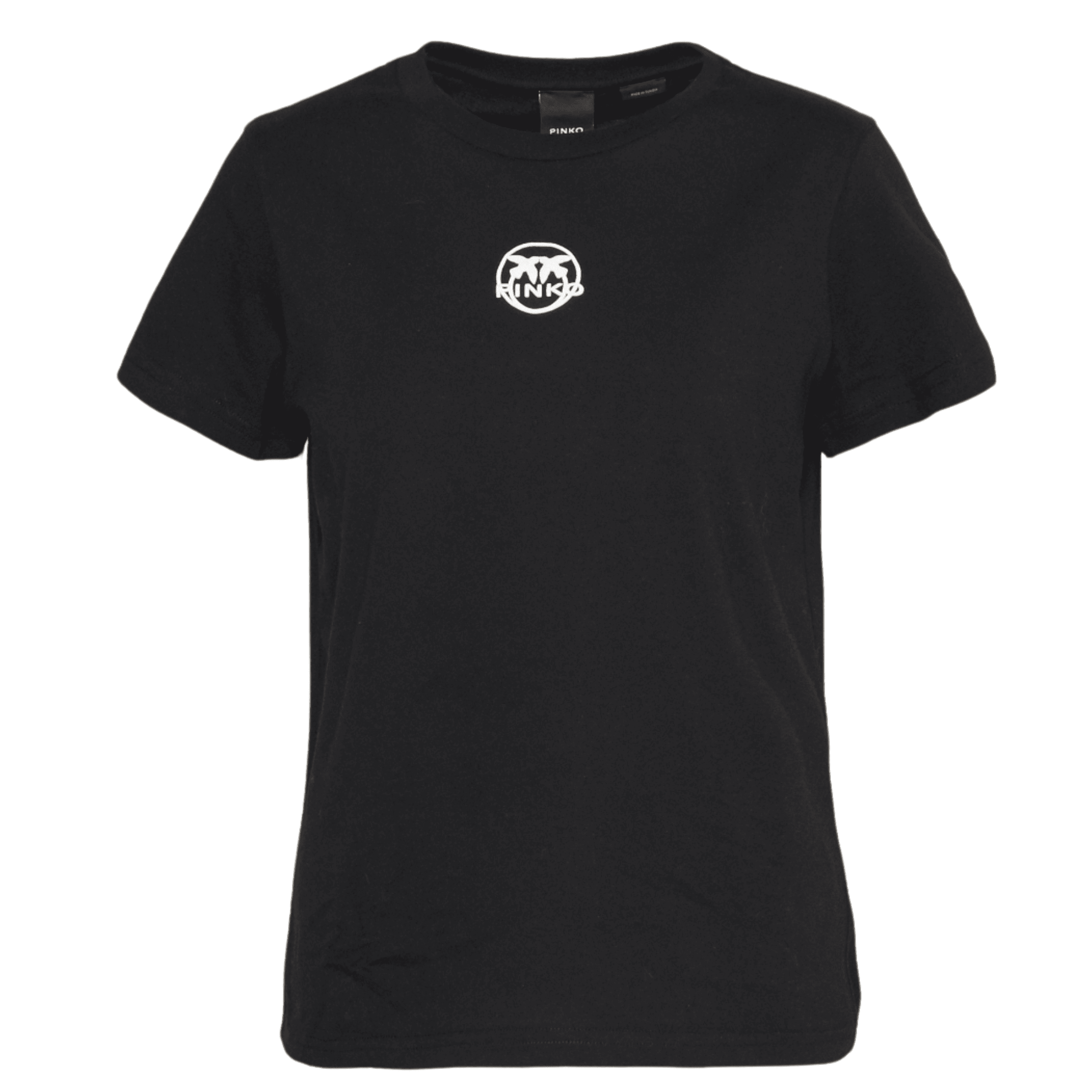 Pinko Women's Black T-shirt in Cotton Round Neck with White Printed Front Logo