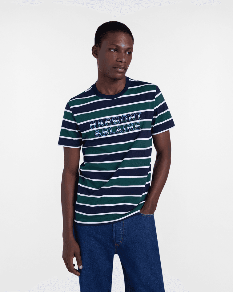 t-shirt with stripes and embroidery logo man blue navy