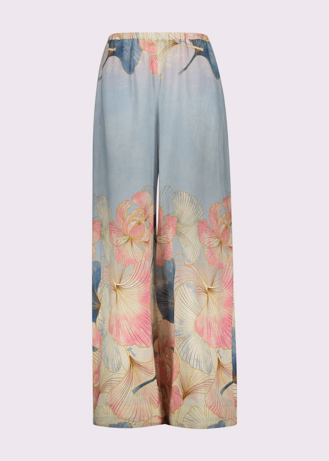 linen trousers with pink-cielo print