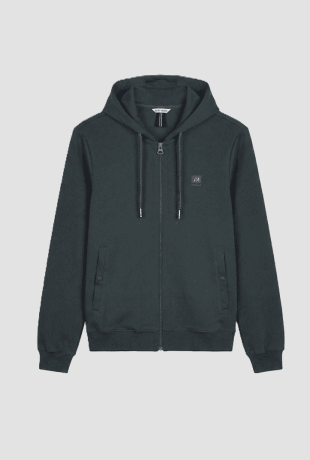 full-zip sweatshirt with green man hood