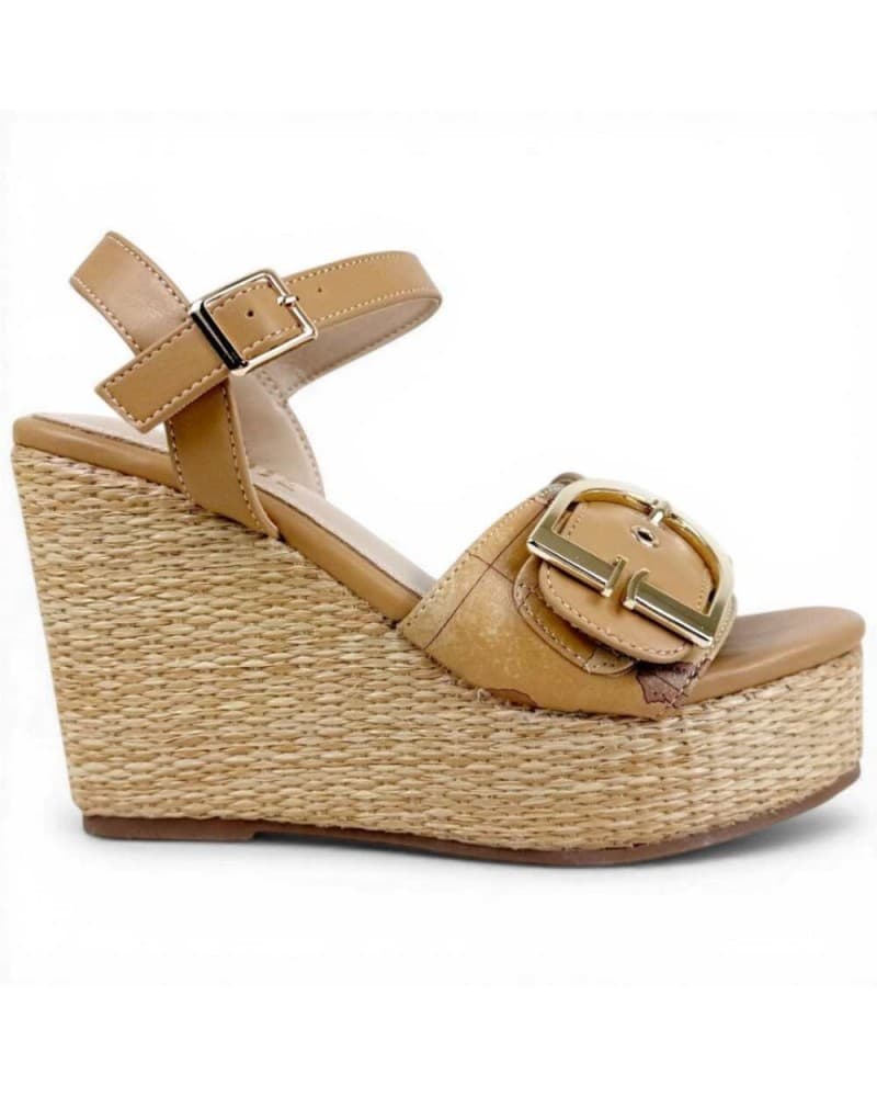 Alviero Martini First Class Sandal Zeppa H100 Women's Walnut Size 36 in Geo Classic Fabric