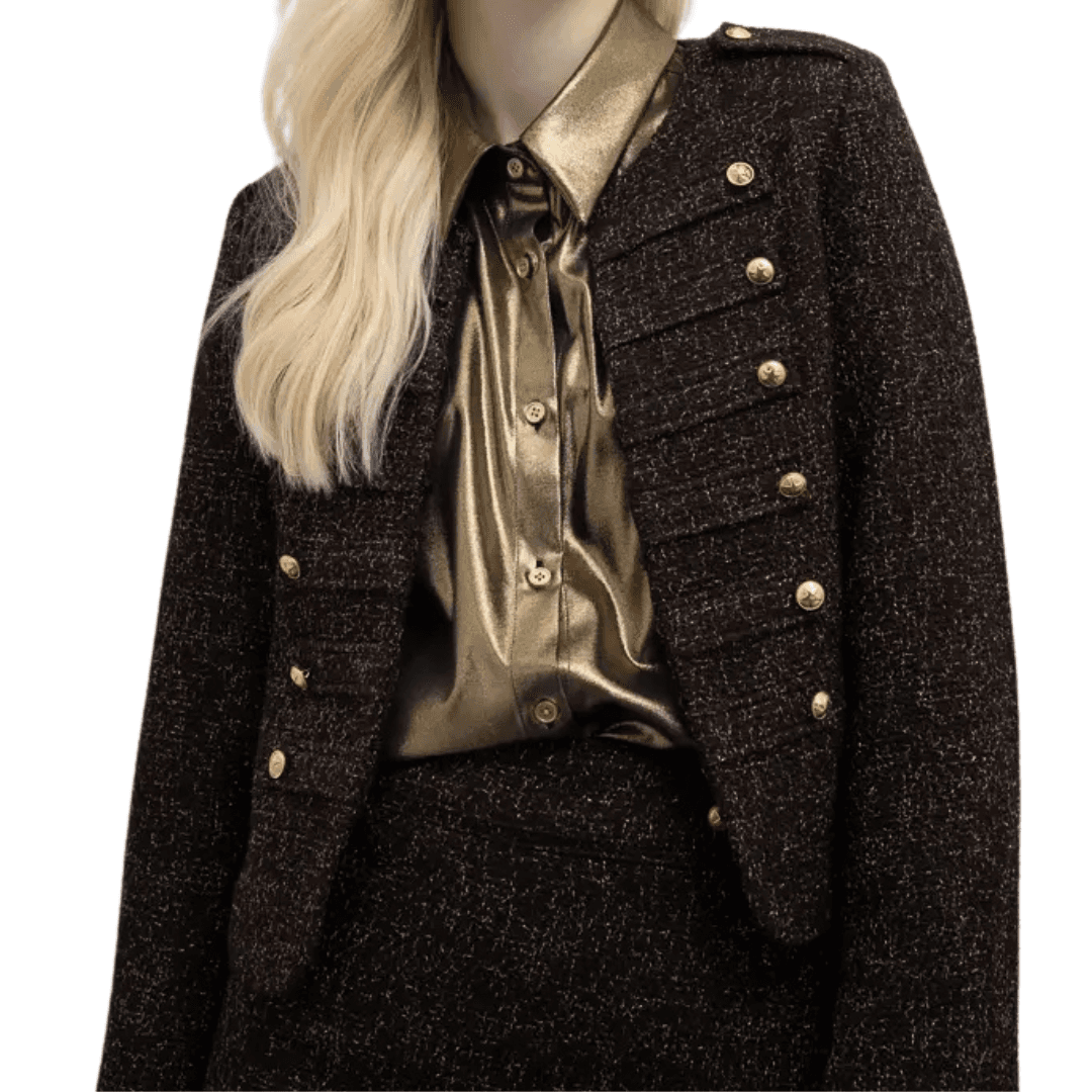 Military style jacket in tweed lurex Soldy model with round neck and golden buttons