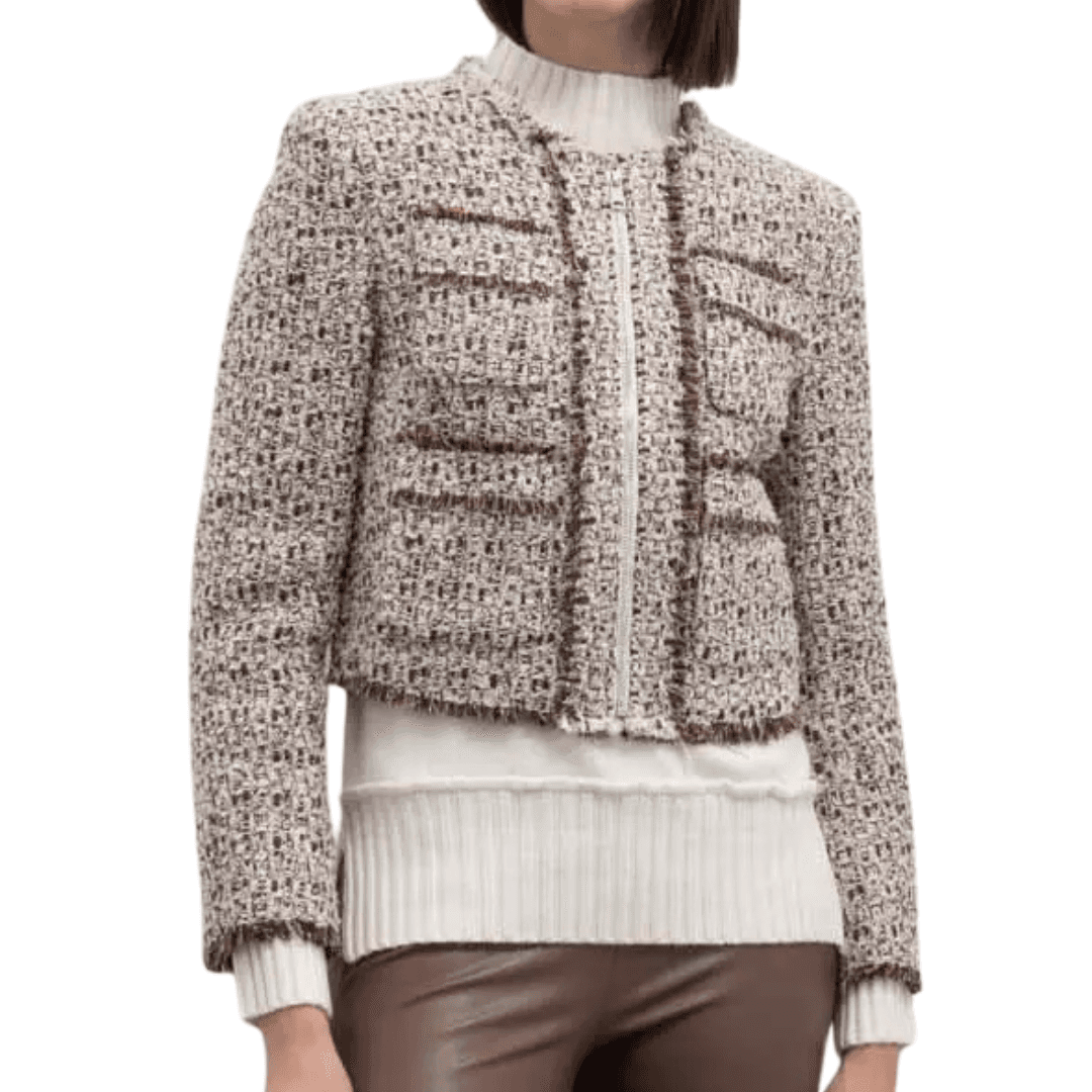 Goa Goa Tweed wool jacket with zip pattern Persina natural brown color with contrasting profiles
