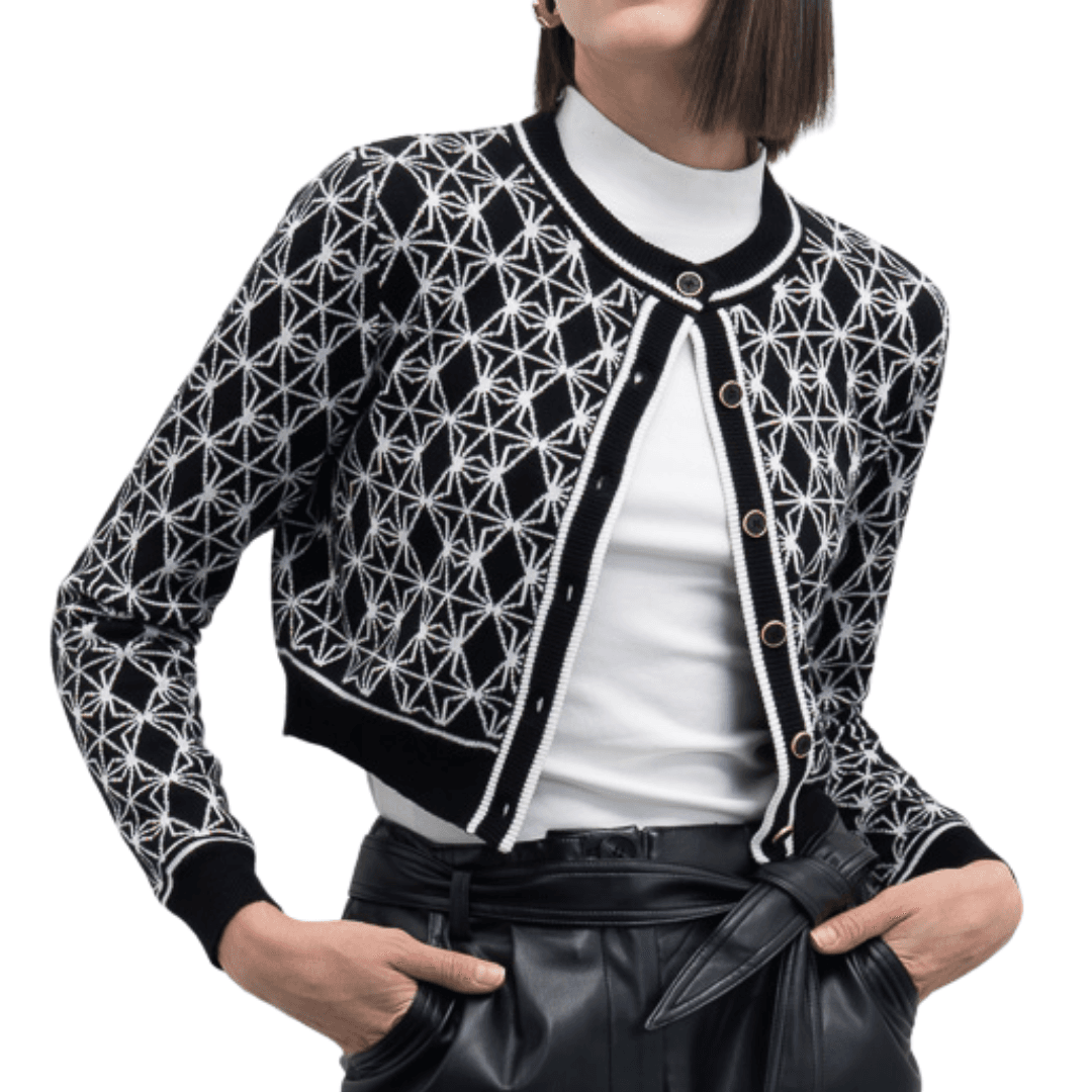 Goa Goa cardigan cropped jacquard geometric pattern Chester with contrasting round neck and decorative buttons