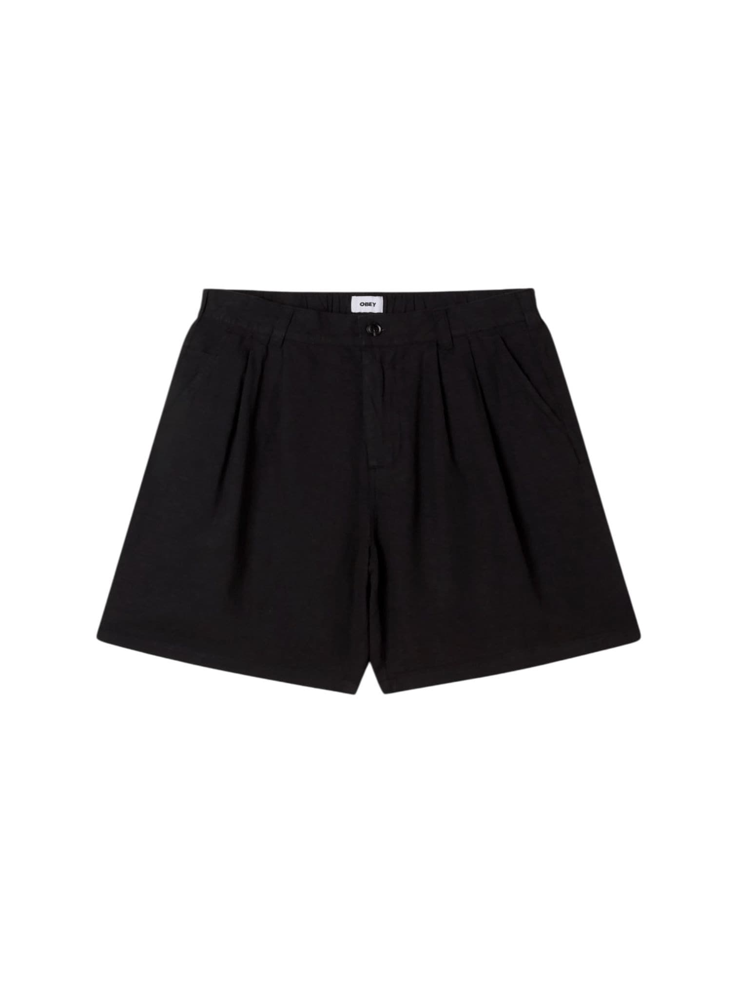Obey Foster pleated linen shorts sartorial linen wide leg - black