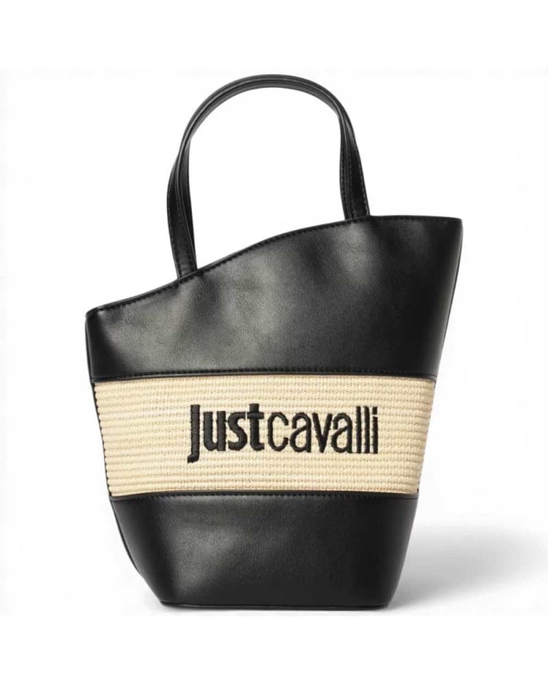 Just Cavalli Jc Block Straw Women's Black Shoulder Bag in Paglia and Leather