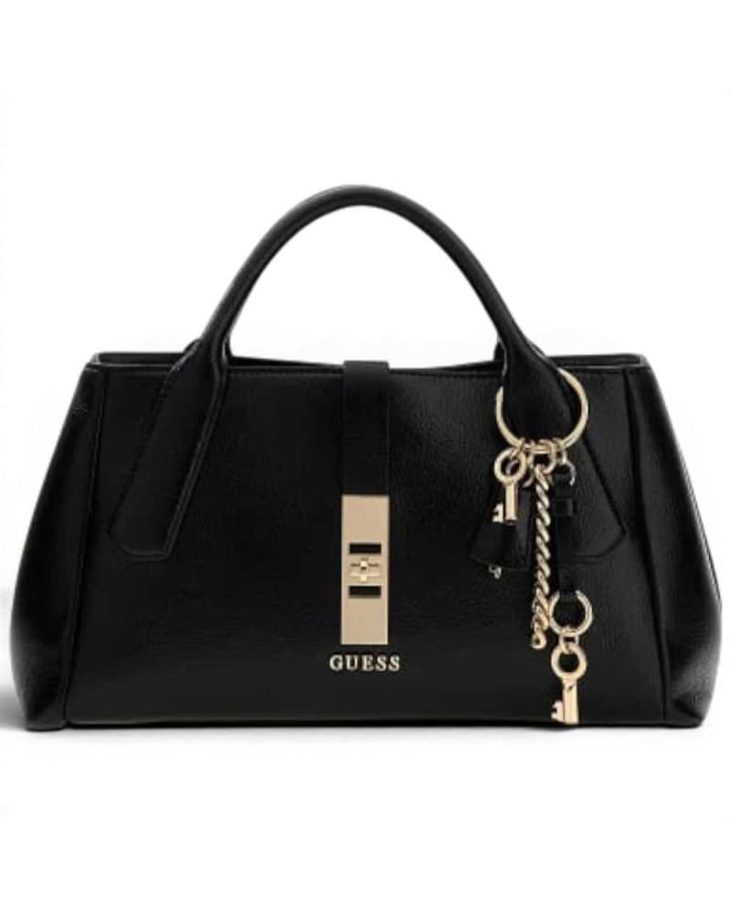 Guess Brooke High Society Satchel Woman Black in Synthetic Material with Charm and Logo