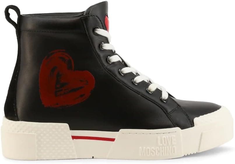 Love Moschino High Black Women's sneaker in Leather Love Moschino with Red Heart Painted