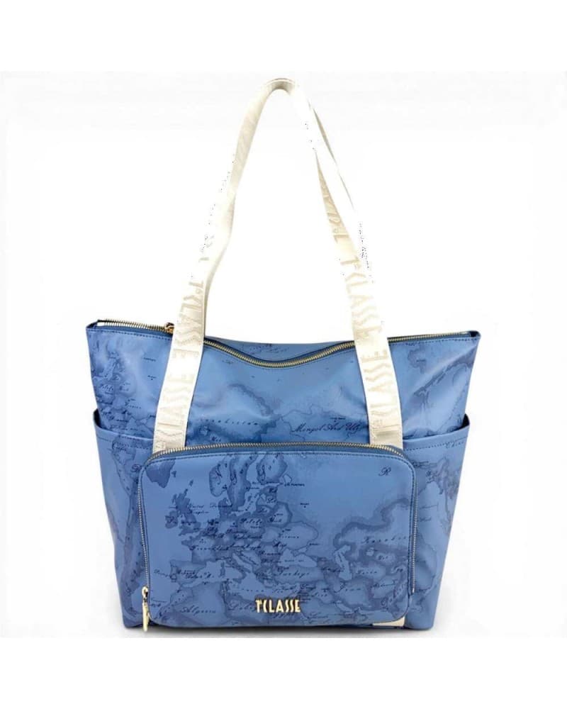 Alviero Martini First Class Packable Shopping Bag Woman Blue Jeans Soft Color Geo Classic Fabric