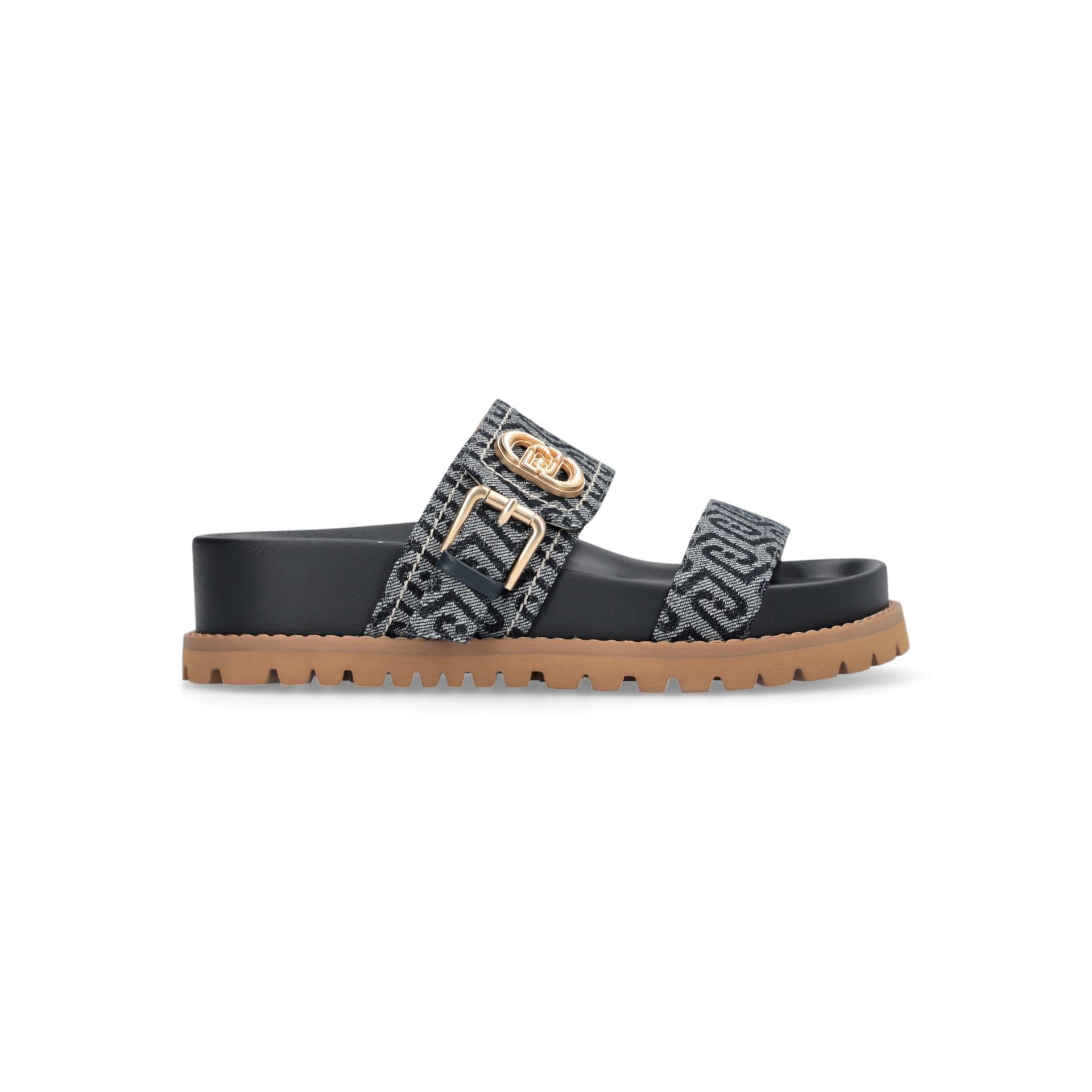 Liu Jo Women's Denim Jacquard Sandals with Monogram All Over and Dark Blue Dentellated Sole