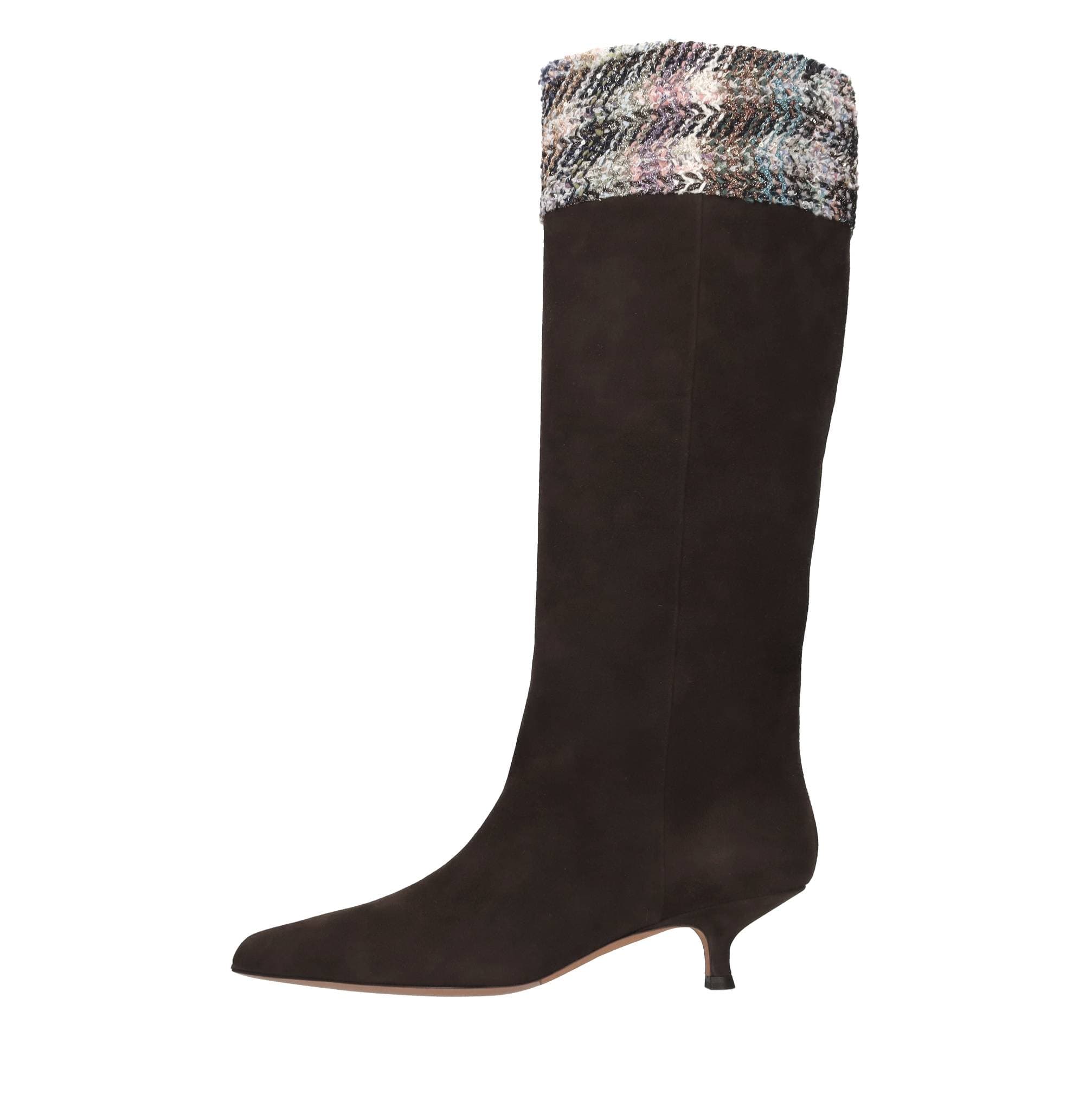Suede boots with zigzag-patterned knit fabric — Brown