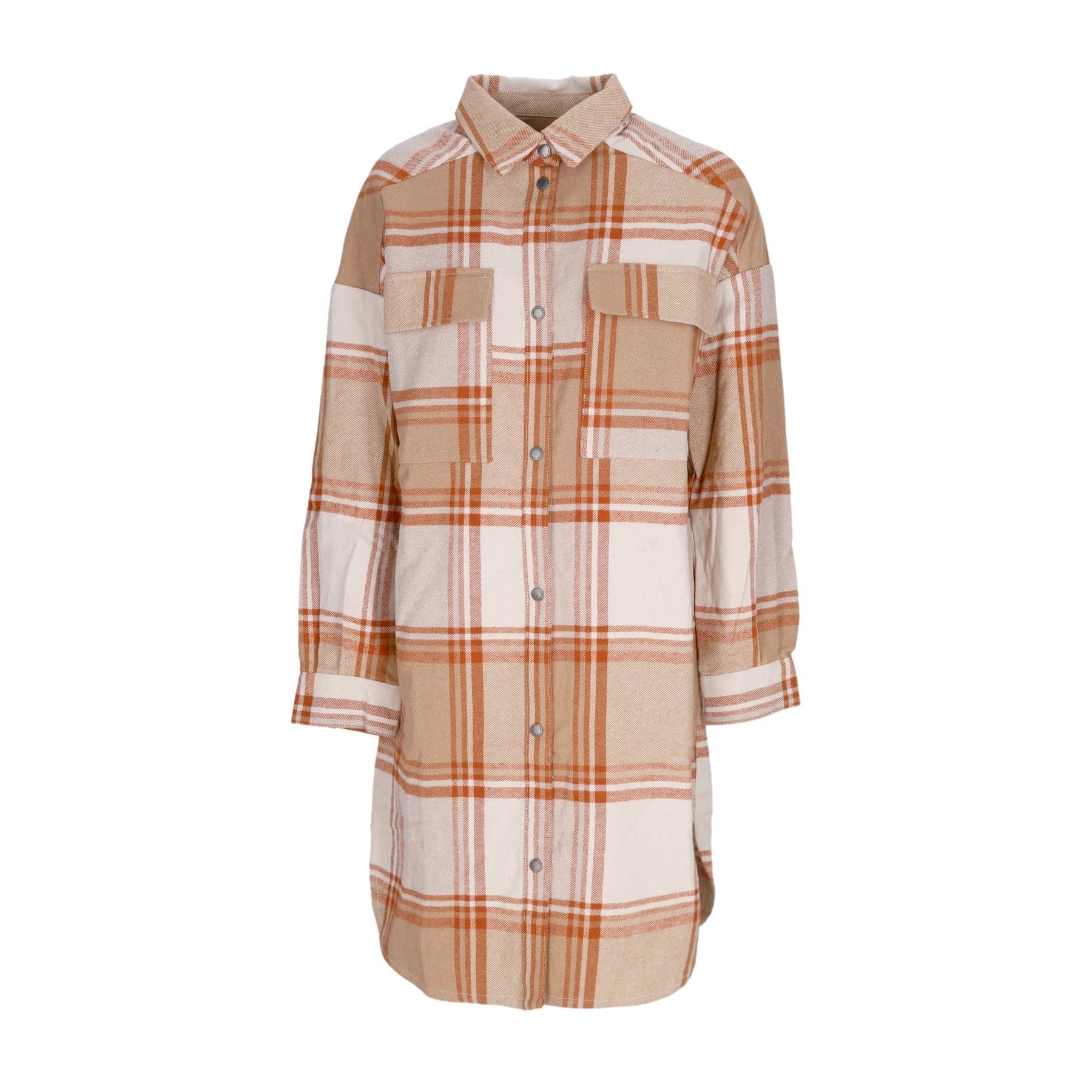 Long Women's Checky Shirt Jacket Beige