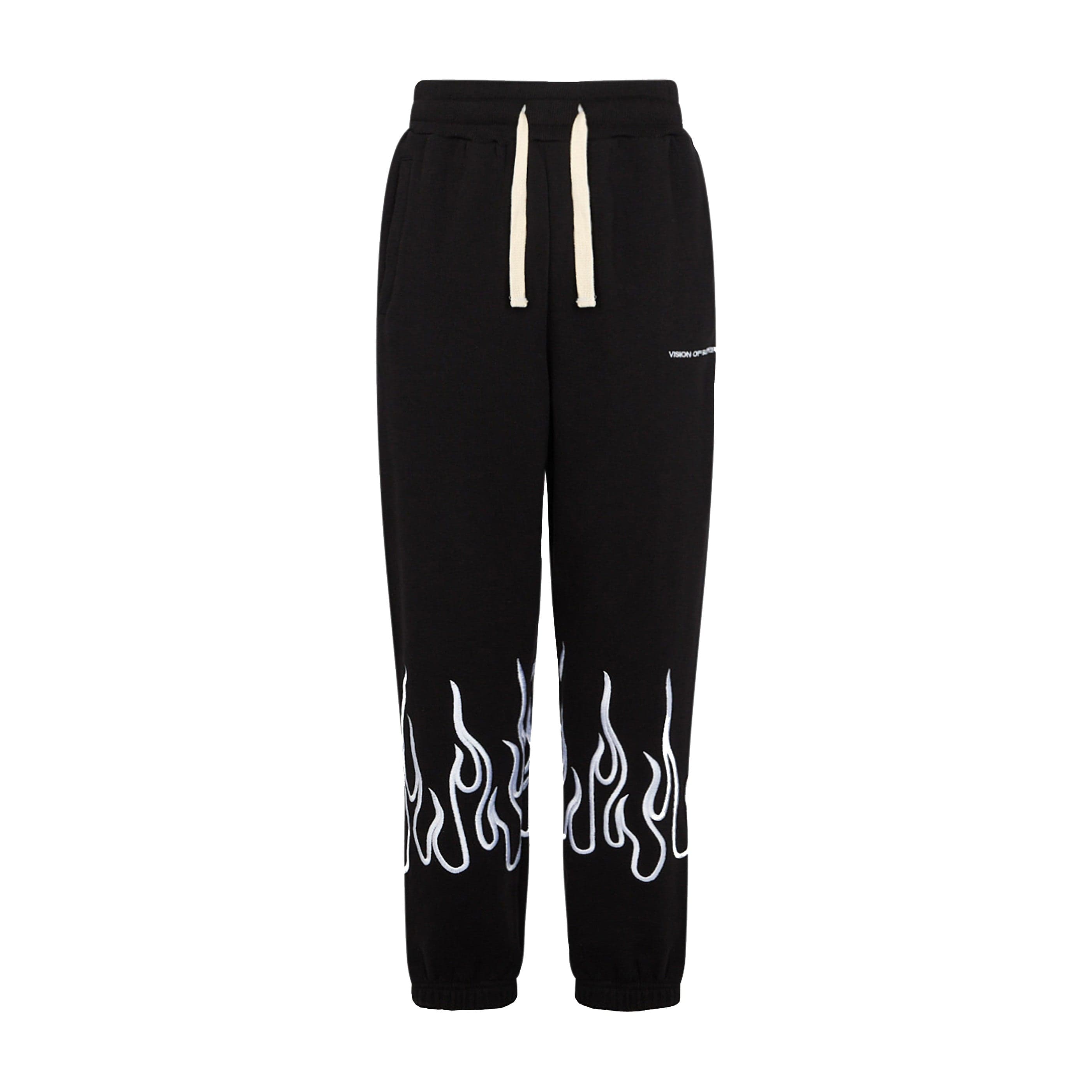 Men's Lightweight Tracksuit Pants Embroidered Flames Pants Black/white