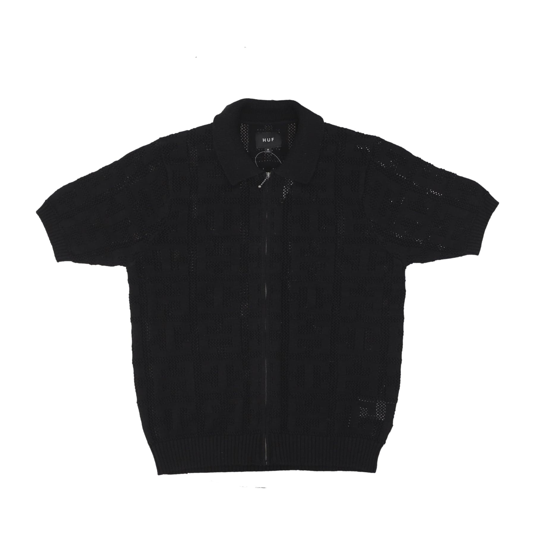 Men's Short Sleeve Polo Monogram Jacquard Zip Sweater Black