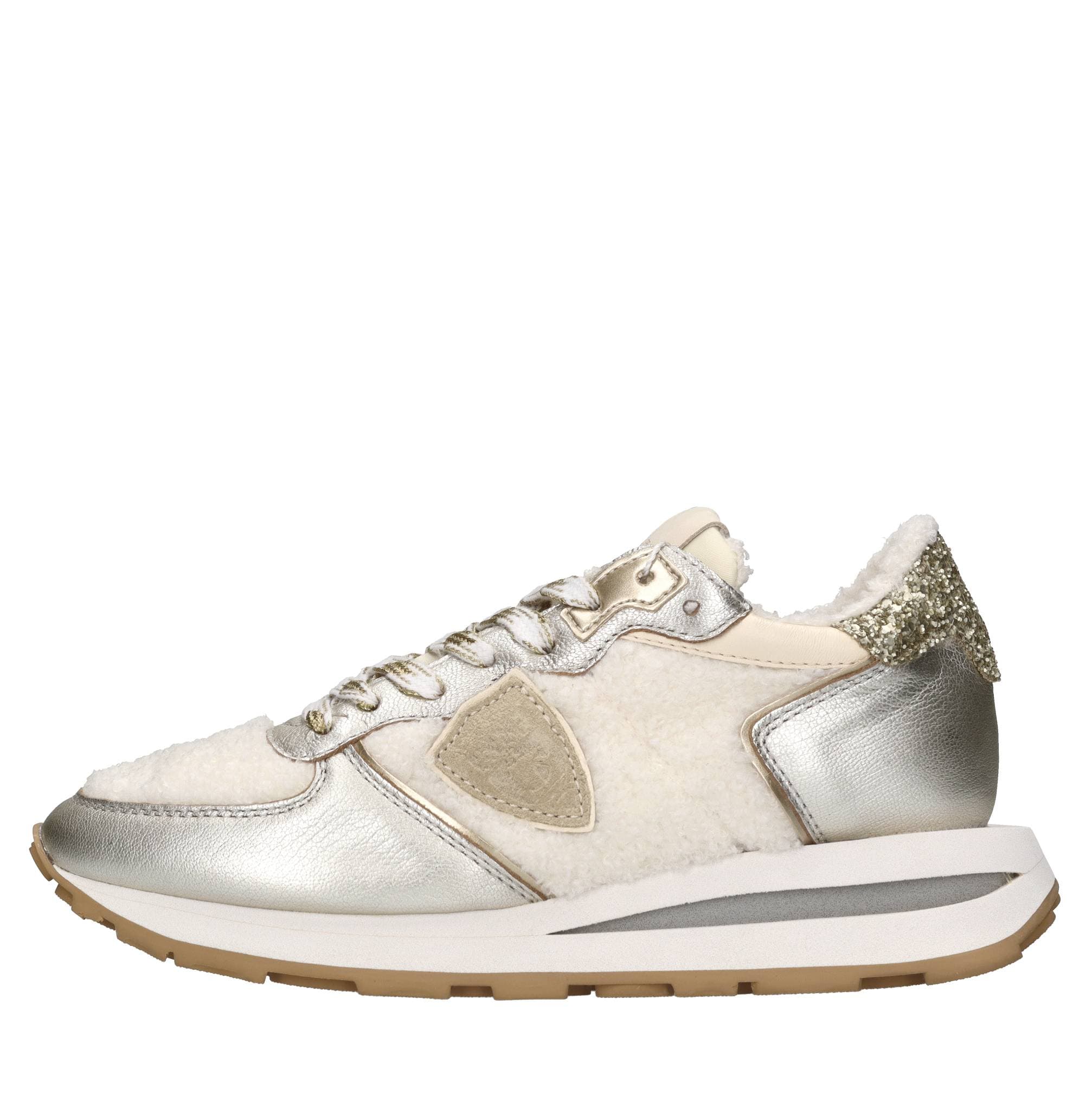 Leather and faux fur sneakers with a glittery